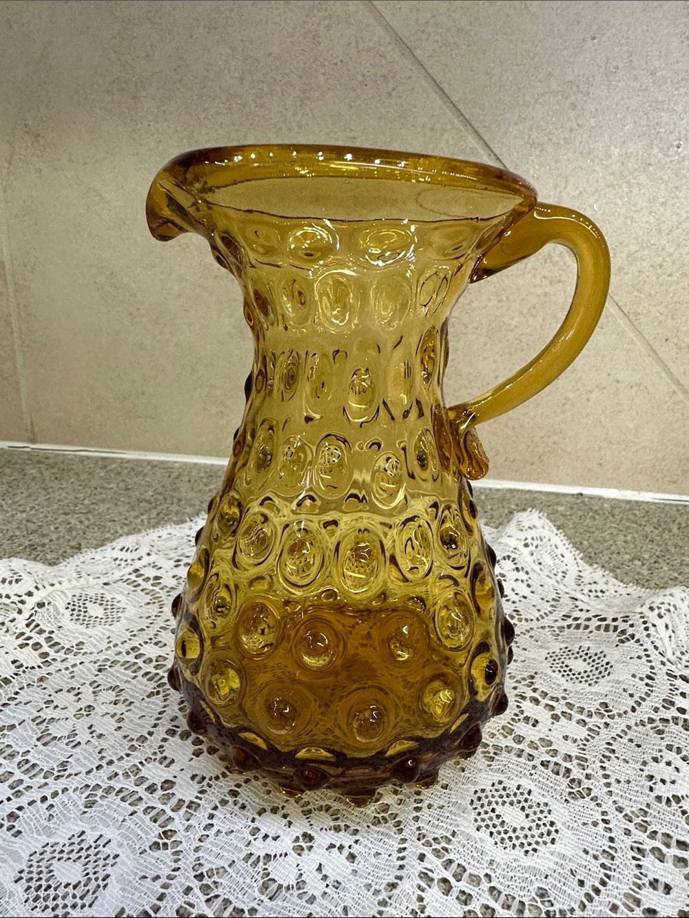 Vintage Mid Century Empoli Italy Amber Spikey Seed Pod Glass Pitcher 6"